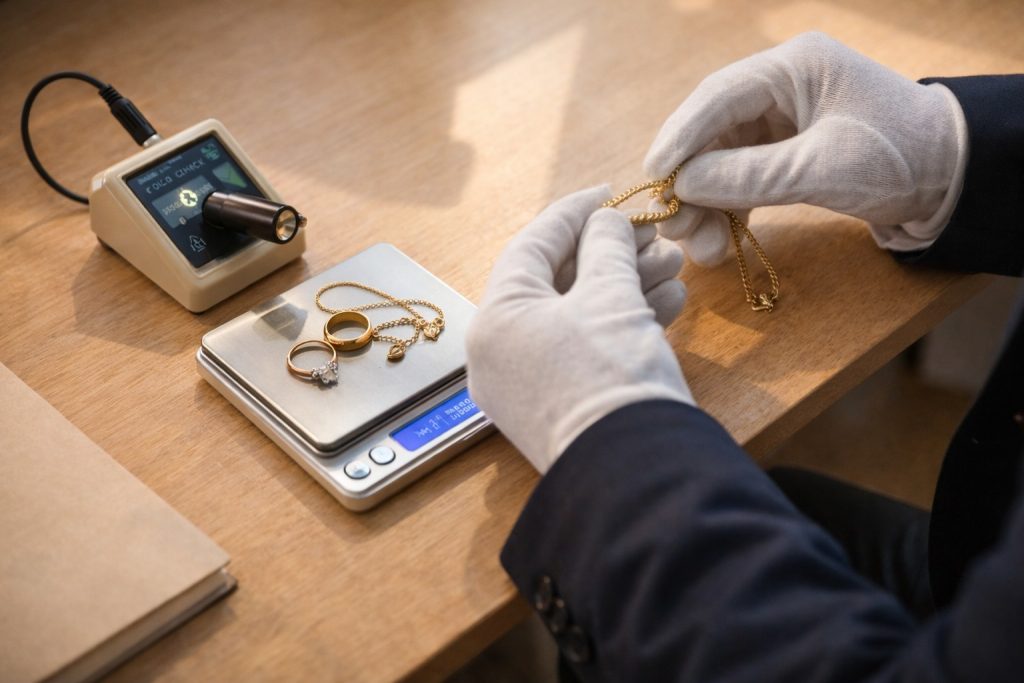當舖專業 黃金典當 估價流程，工作人員戴手套檢視黃金，使用電子秤與黃金檢測工具，桌面乾淨自然光，合法透明估價環境