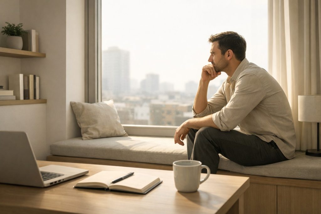 急用錢不想找親友 一名成年人坐在窗邊沉思,自然光灑入,畫面乾淨簡約,色調溫暖偏中性,營造理性思考與做決定前的氛圍
