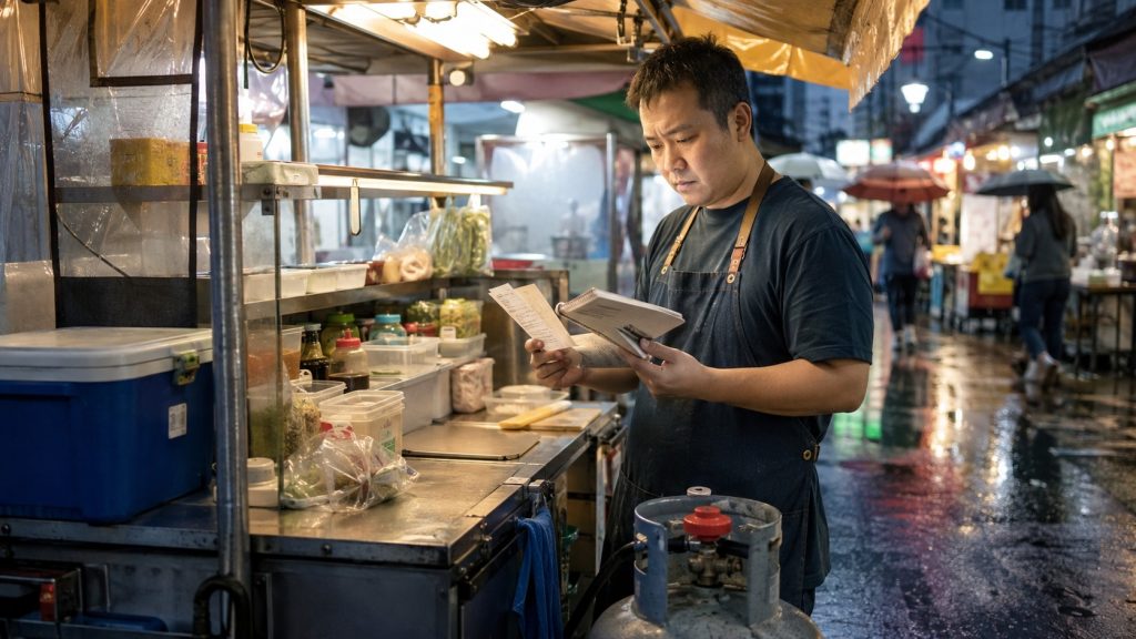 嘉義夜市擺攤資金周轉 情境，攤商面對雨天生意下滑與備料費壓力
