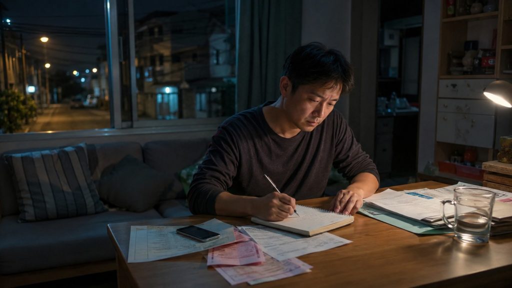 嘉義24小時當舖 情境,成年人深夜接到家人電話後整理醫療與生活支出