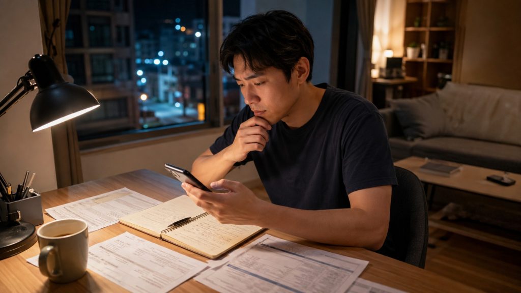 嘉義手機借款免留機 情境,成年人面對帳單與臨時生活支出壓力,手機仍用於工作聯絡